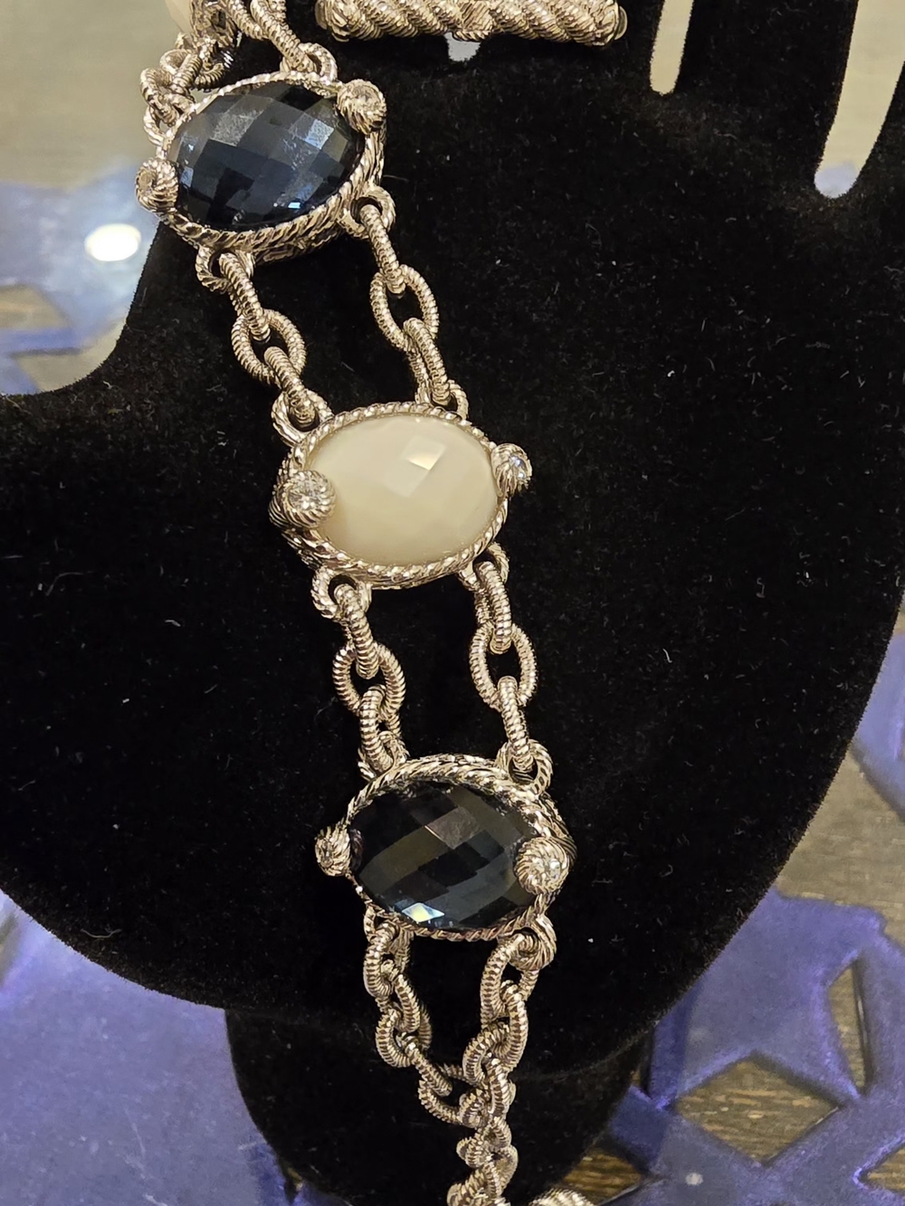 Judith Ripka 925 White Agate and Dark Blue Quartz Gemstone Bracelet 7 inches
